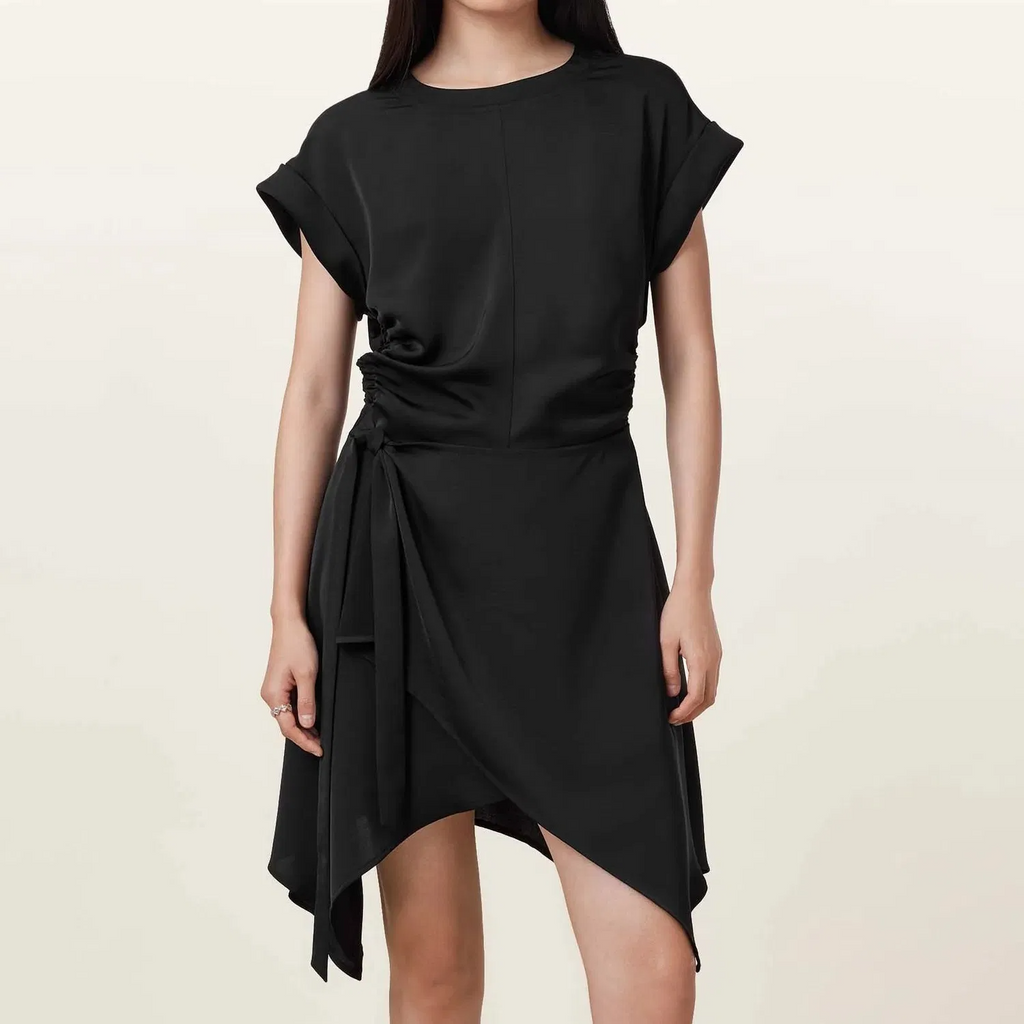 Black Short-Sleeved Lace-up Irregular Skirt Hem Slim-Fit Business Dress
