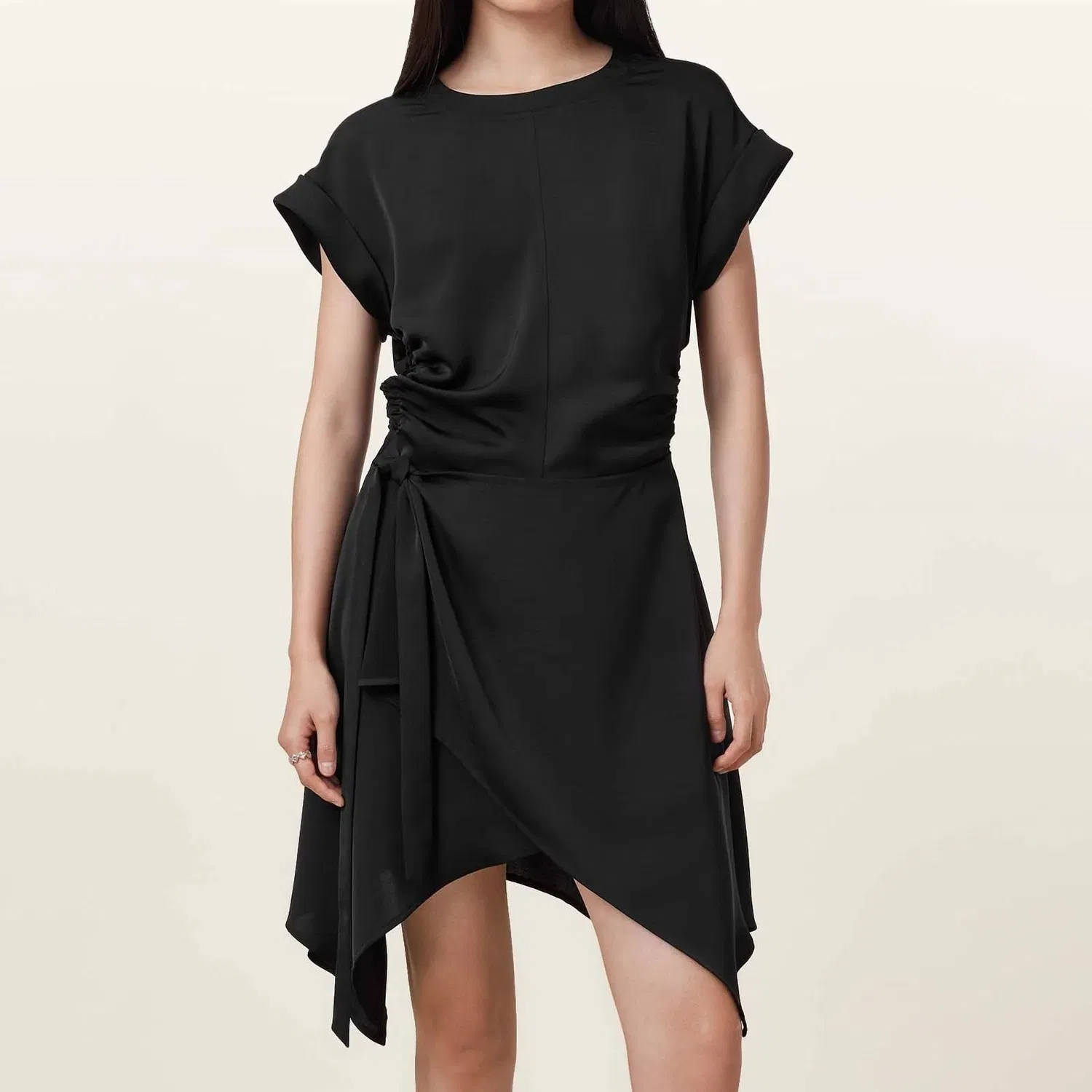 Black Short-Sleeved Lace-up Irregular Skirt Hem Slim-Fit Business Dress