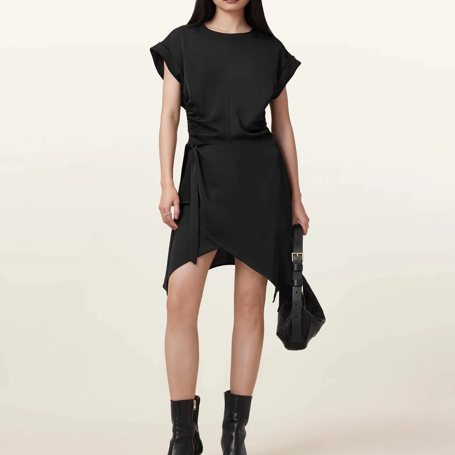 Black Short-Sleeved Lace-up Irregular Skirt Hem Slim-Fit Business Dress
