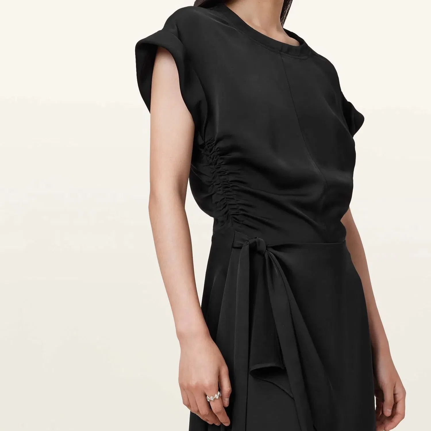 Black Short-Sleeved Lace-up Irregular Skirt Hem Slim-Fit Business Dress