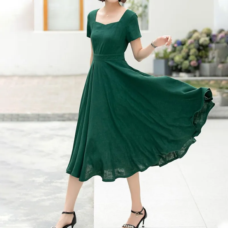 Stylish Women's Linen MIDI Dress in Green for Summer Fun