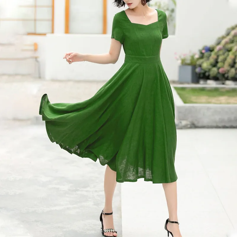 Stylish Women's Linen MIDI Dress in Green for Summer Fun