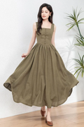 Trendy Women's Linen Maxi Dress with Unique Button Embellishments