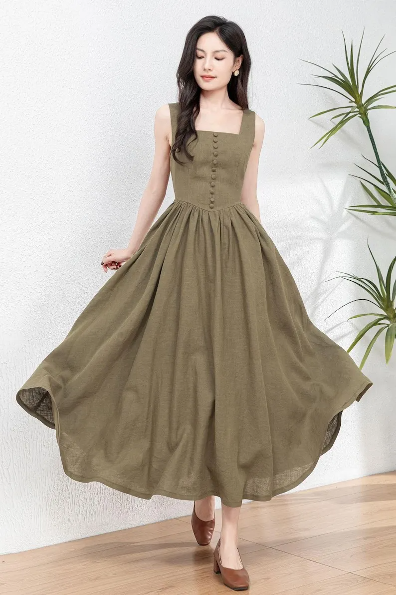 Trendy Women's Linen Maxi Dress with Unique Button Embellishments