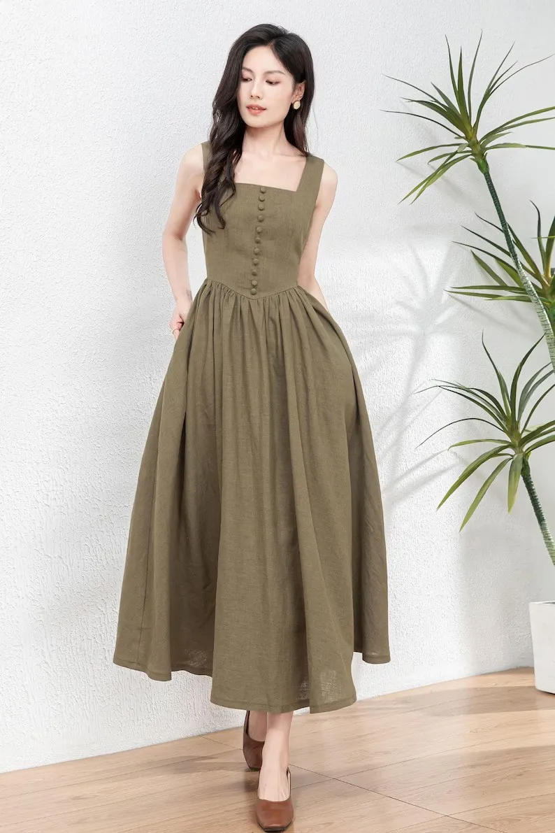 Trendy Women's Linen Maxi Dress with Unique Button Embellishments