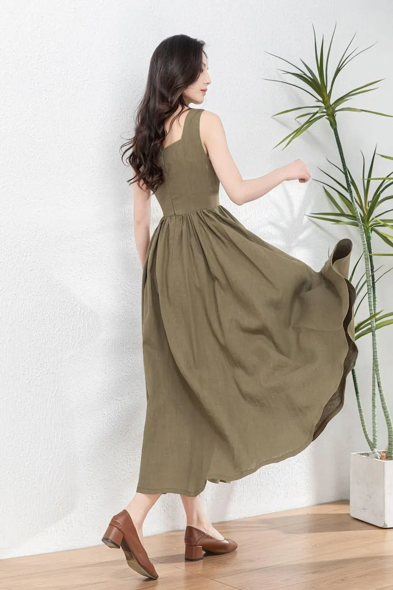 Trendy Women's Linen Maxi Dress with Unique Button Embellishments