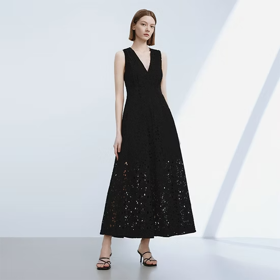 Elegant Black Lace Dress Featuring Cotton Hollow out Skirt