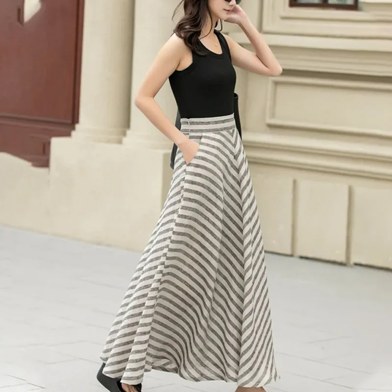 Casual Long Linen Skirt with Pockets, Perfect for Spring