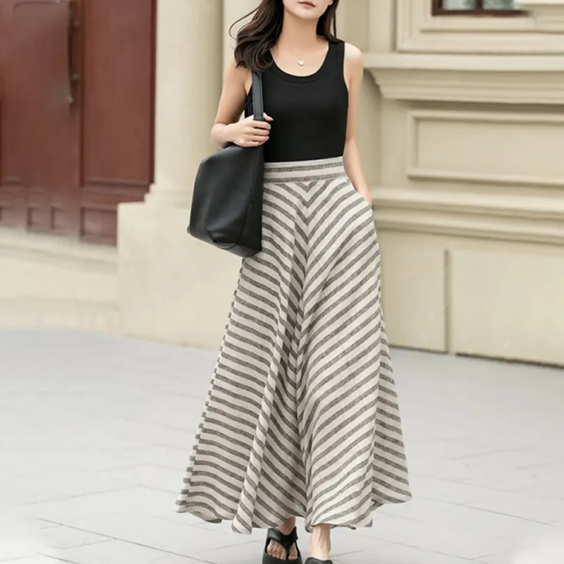 Casual Long Linen Skirt with Pockets, Perfect for Spring