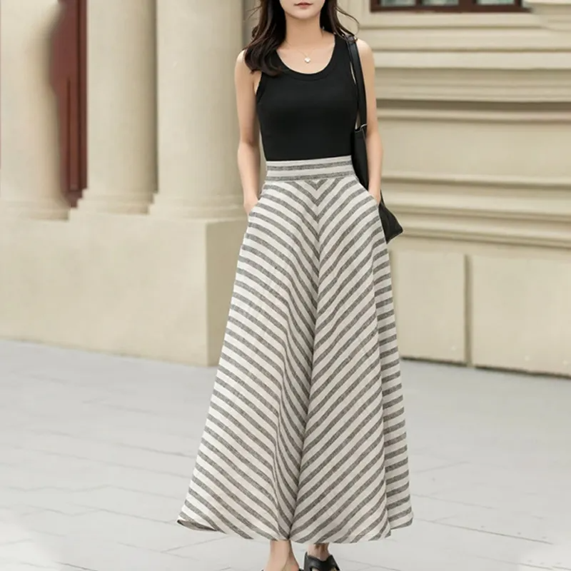 Casual Long Linen Skirt with Pockets, Perfect for Spring
