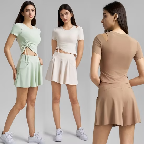 Stylish Cute and Casual Sports Clothes Tennis Running Outfit for Teen Girls, Sexy Hollow Shoulder Athletic T-Shirt with Molded Cups + Golf Skort with Shorts