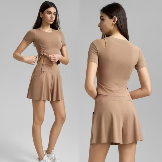 Stylish Cute and Casual Sports Clothes Tennis Running Outfit for Teen Girls, Sexy Hollow Shoulder Athletic T-Shirt with Molded Cups + Golf Skort with Shorts