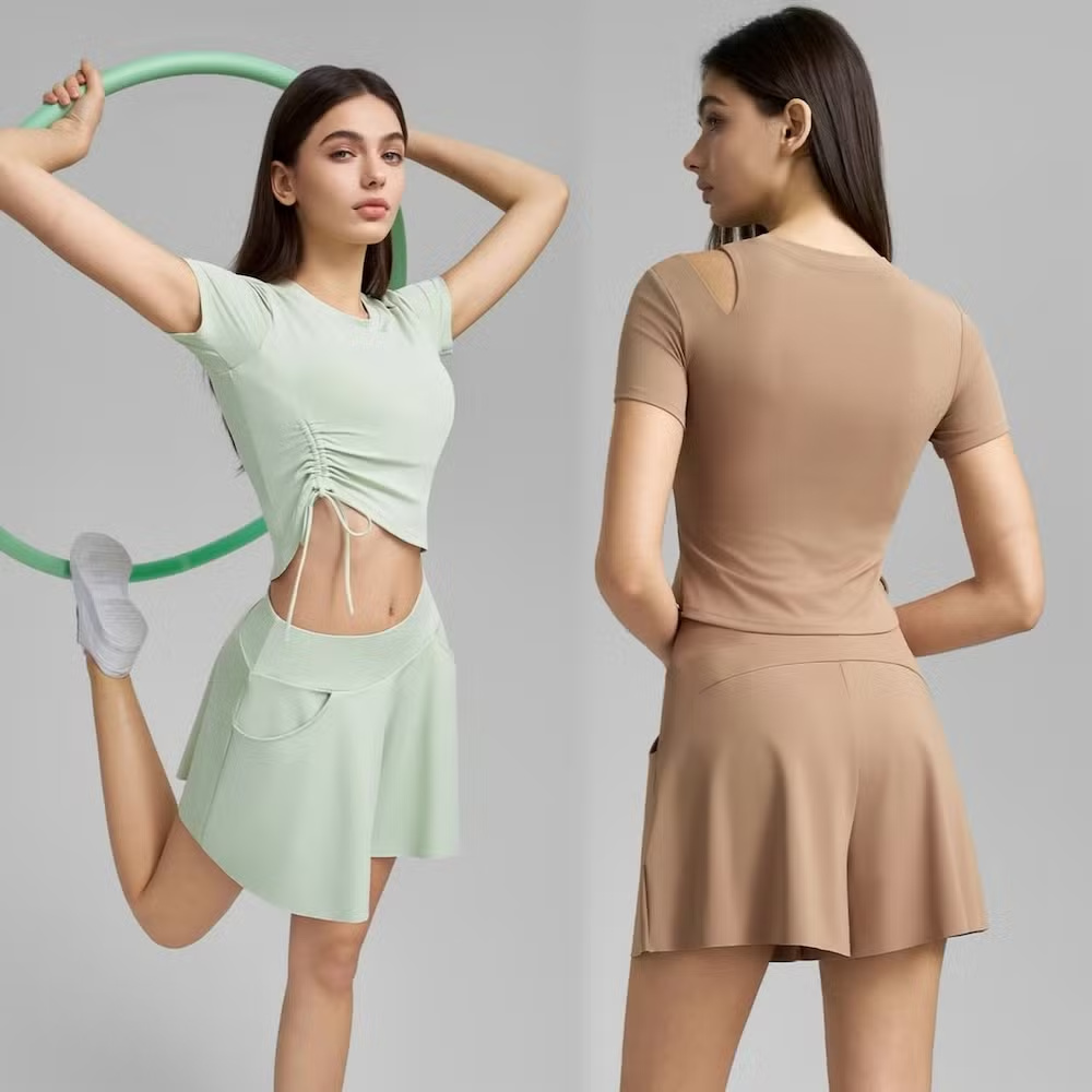 Stylish Cute and Casual Sports Clothes Tennis Running Outfit for Teen Girls, Sexy Hollow Shoulder Athletic T-Shirt with Molded Cups + Golf Skort with Shorts
