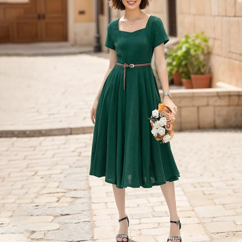Stylish Women's Linen MIDI Dress in Green for Summer Fun