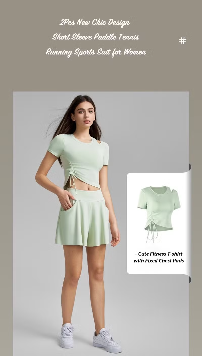 Stylish Cute and Casual Sports Clothes Tennis Running Outfit for Teen Girls, Sexy Hollow Shoulder Athletic T-Shirt with Molded Cups + Golf Skort with Shorts