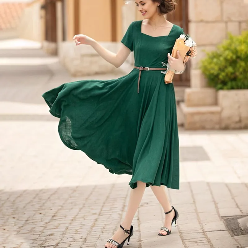 Stylish Women's Linen MIDI Dress in Green for Summer Fun