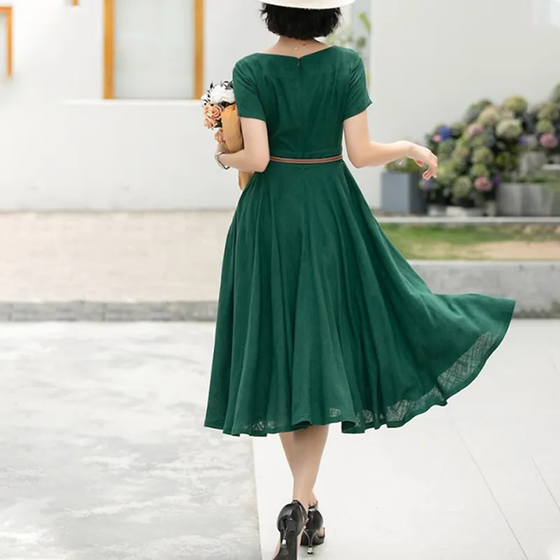 Stylish Women's Linen MIDI Dress in Green for Summer Fun